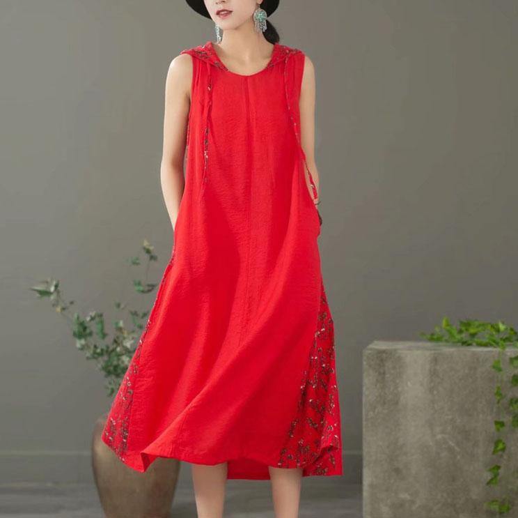Women red linen clothes patchwork hooded Art summer Dresses - Omychic