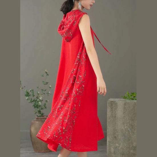 Women red linen clothes patchwork hooded Art summer Dresses - Omychic