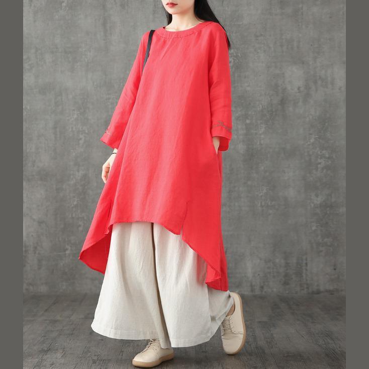Women red linen dress o neck patchwork linen robes summer Dresses - Omychic