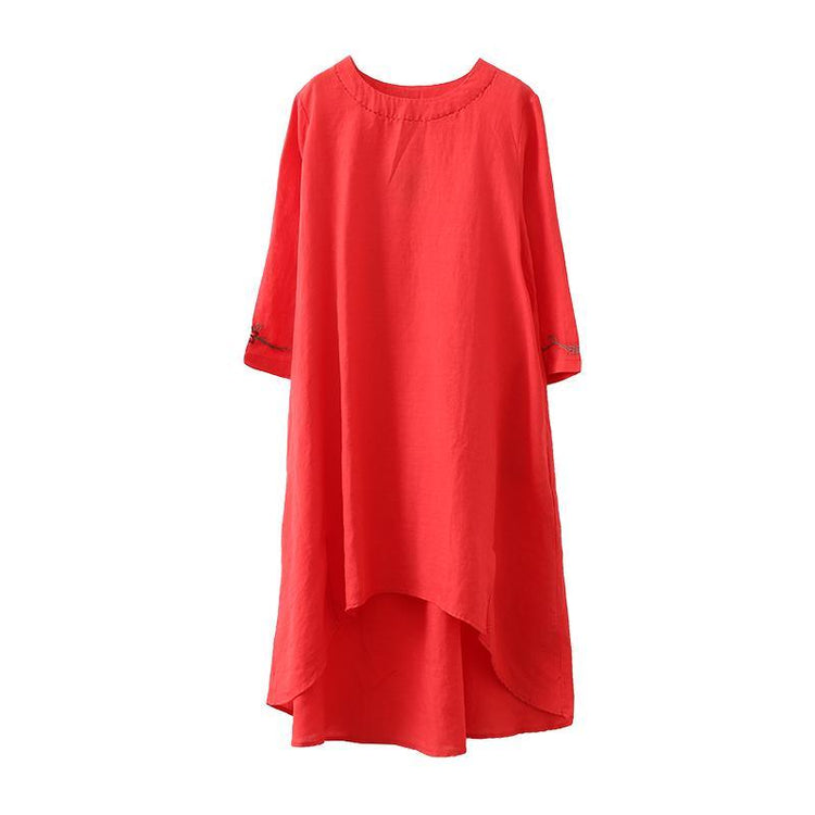 Women red linen dress o neck patchwork linen robes summer Dresses - Omychic