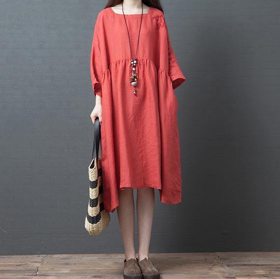 Women red linen outfit Square Collar half sleeve Knee summer Dresses - Omychic