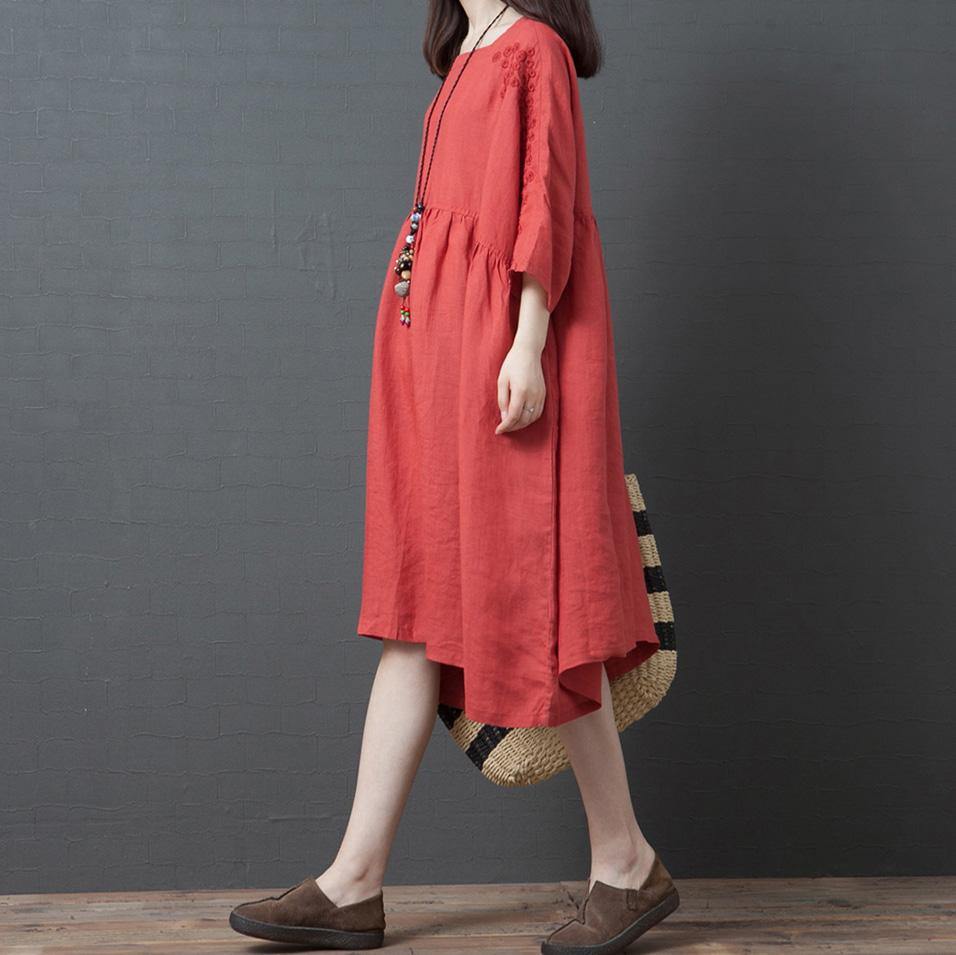 Women red linen outfit Square Collar half sleeve Knee summer Dresses - Omychic