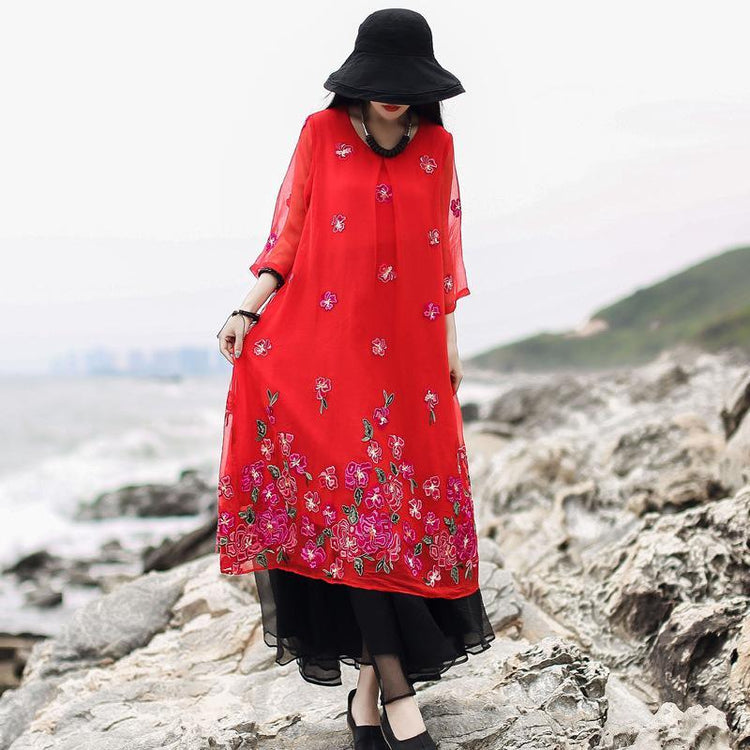Women red print cotton linen clothes For Women o neck layered tulle long summer Dresses - Omychic