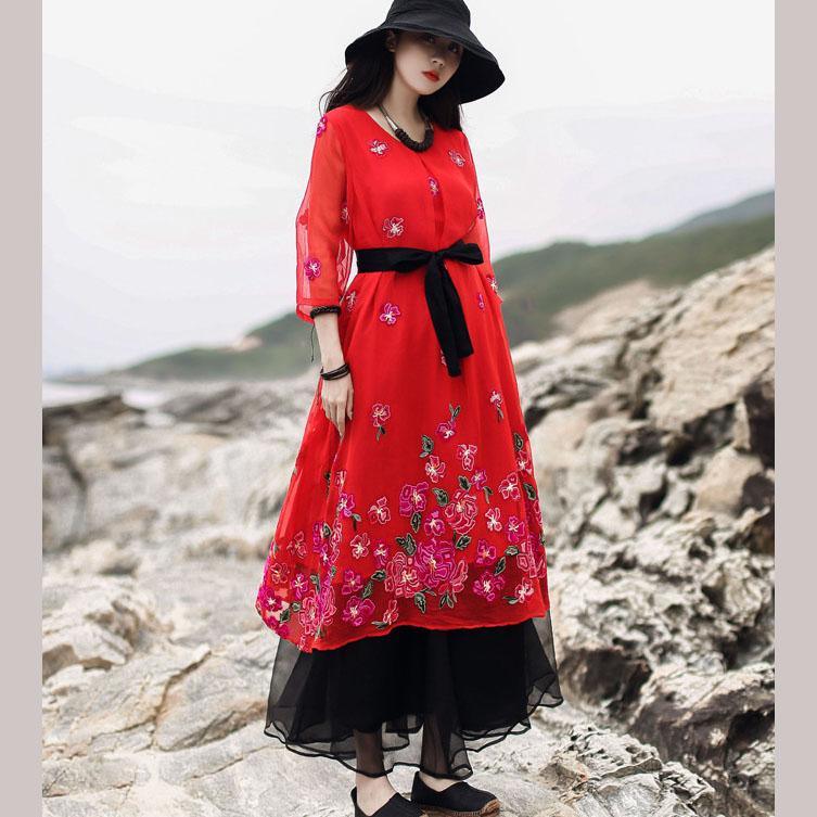 Women red print cotton linen clothes For Women o neck layered tulle long summer Dresses - Omychic