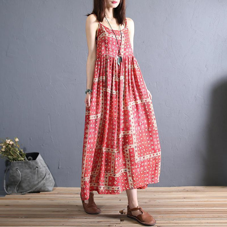 Women red print cotton tunic top sleeveless Vestidos De Lino summer Dresses - Omychic