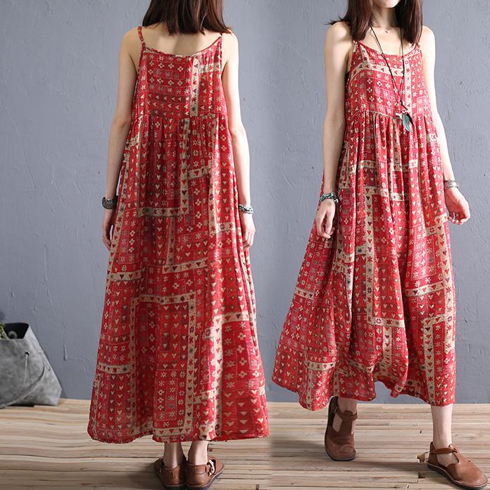 Women red print cotton tunic top sleeveless Vestidos De Lino summer Dresses - Omychic