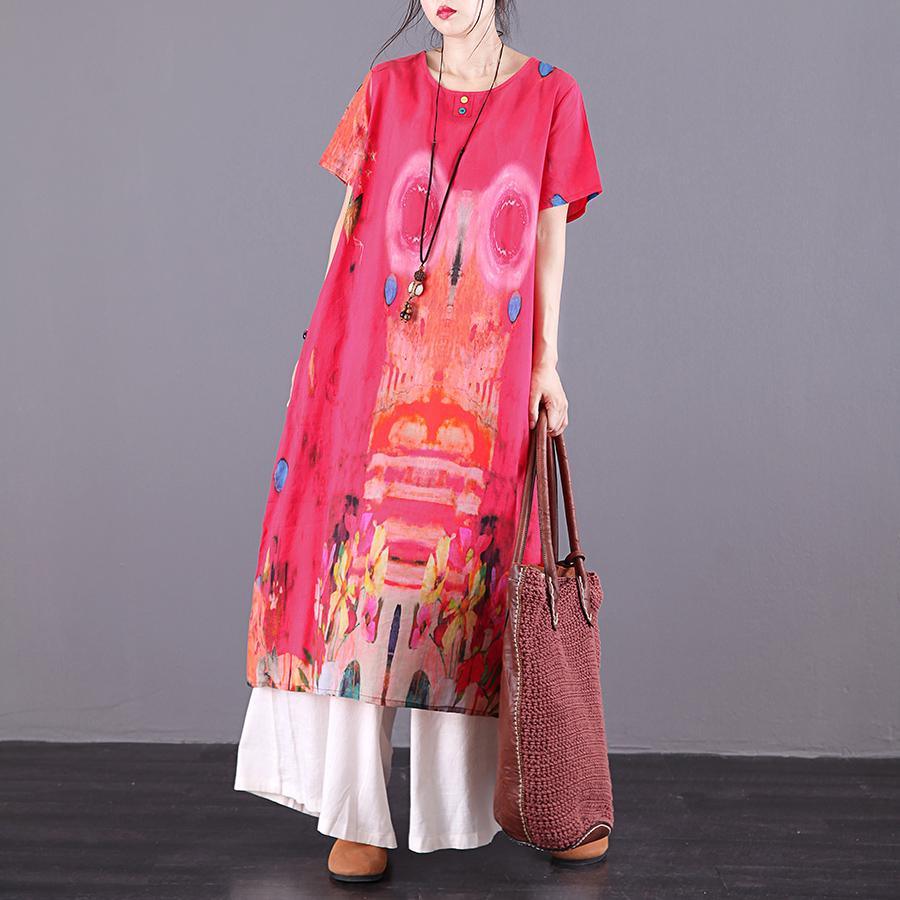 Women red print linen dresses o neck pockets Vestidos De Lino summer Dresses - Omychic