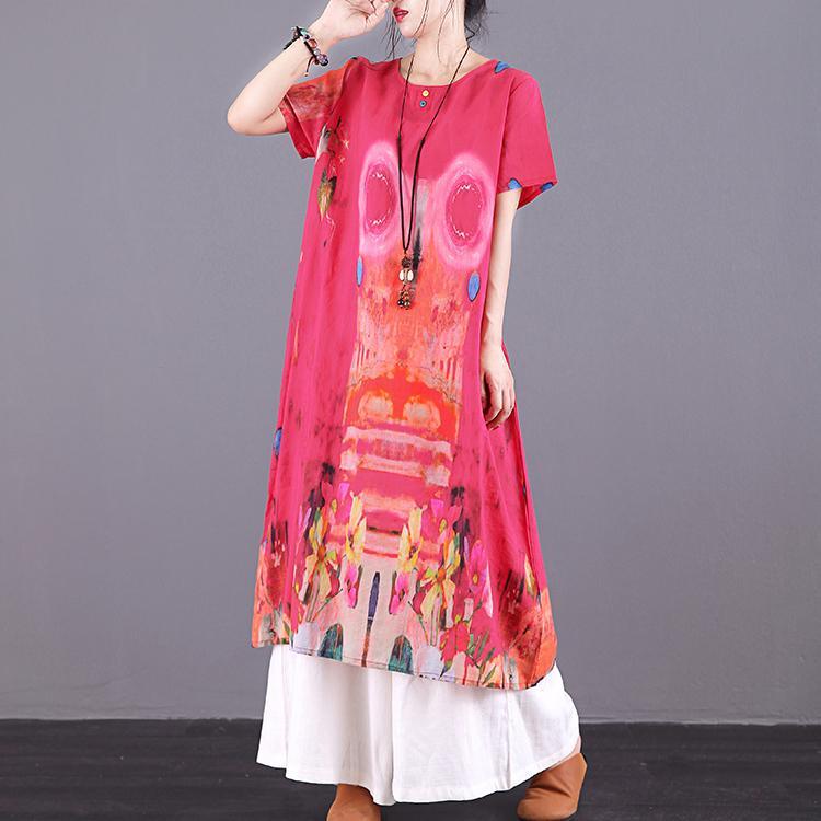 Women red print linen dresses o neck pockets Vestidos De Lino summer Dresses - Omychic