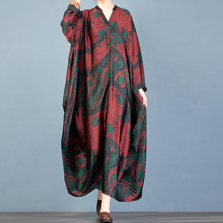 Women red print tunic top v neck Batwing Sleeve Plus Size Dresses - Omychic