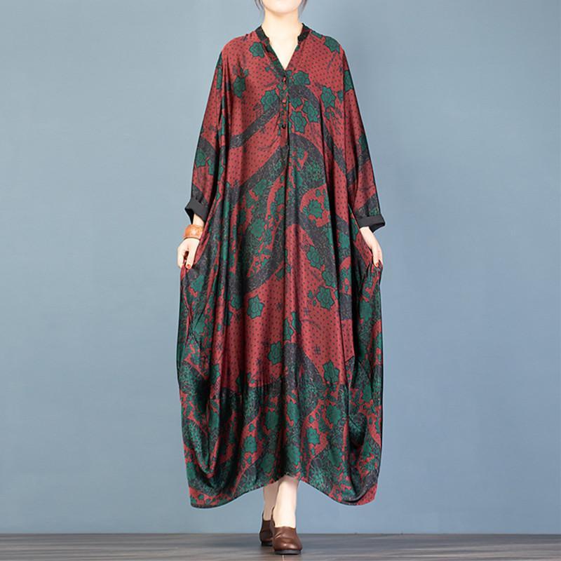 Women red print tunic top v neck Batwing Sleeve Plus Size Dresses - Omychic