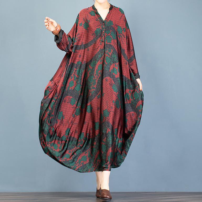 Women red print tunic top v neck Batwing Sleeve Plus Size Dresses - Omychic