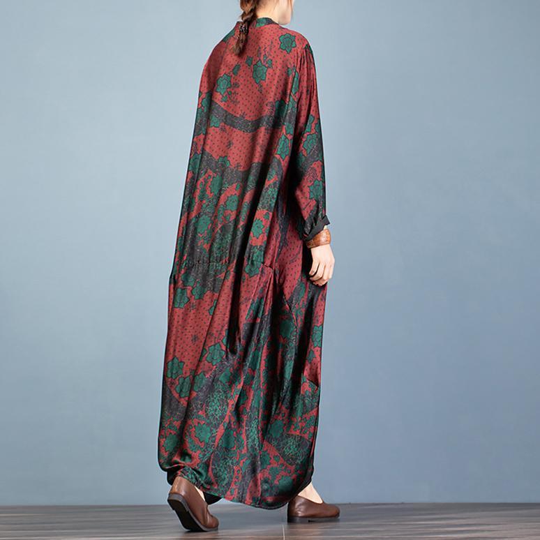 Women red print tunic top v neck Batwing Sleeve Plus Size Dresses - Omychic