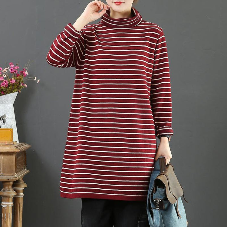 Women red striped sweater tops high neck plus size wild knitwear - Omychic