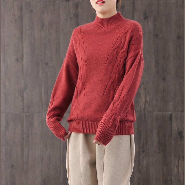Women red sweater tops oversized knitwear high neck - Omychic