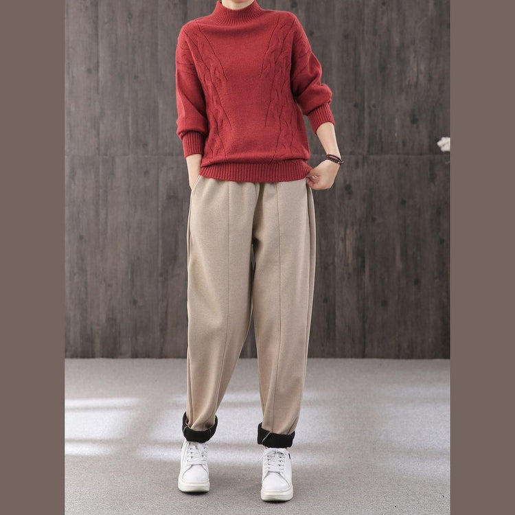 Women red sweater tops oversized knitwear high neck - Omychic