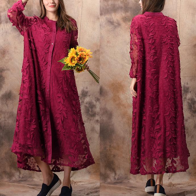 Women rose lace tunic Boho Shirts stand collar Jacquard Maxi Summer Dresses - Omychic