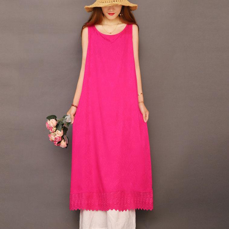 Women rose linen cotton quilting dresses sleeveless Jacquard Plus Size Clothing summer Dress - Omychic