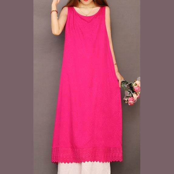 Women rose linen cotton quilting dresses sleeveless Jacquard Plus Size Clothing summer Dress - Omychic