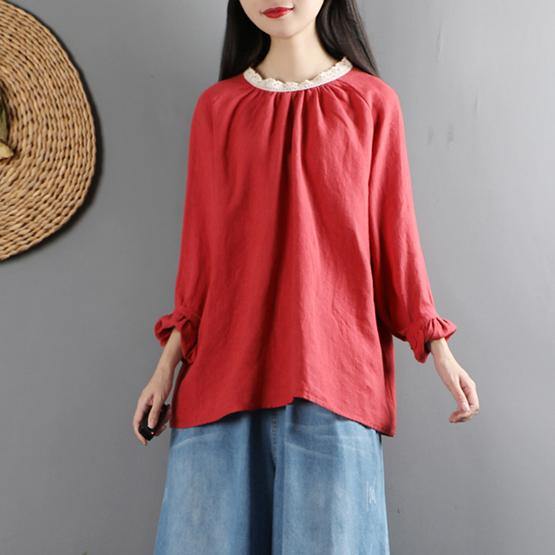 Women ruffles o neck linen long sleeve tops women blouses Cotton red top - Omychic