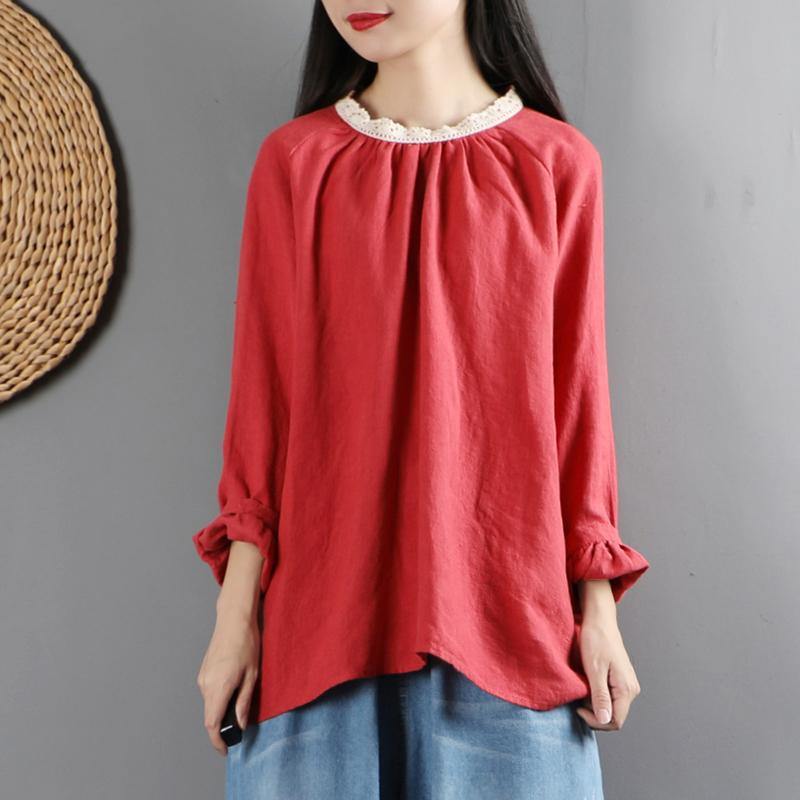 Women ruffles o neck linen long sleeve tops women blouses Cotton red top - Omychic