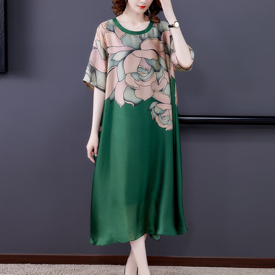 Vintage Loose Flower Printed Silk Dress Summer