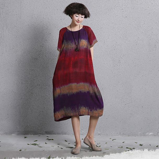 Women short sleeve cotton linen Soft Surroundings Work red patchwork color Dresses summer - Omychic