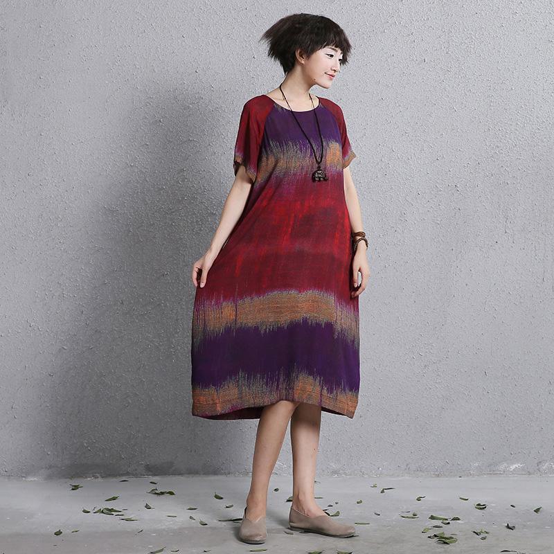 Women short sleeve cotton linen Soft Surroundings Work red patchwork color Dresses summer - Omychic