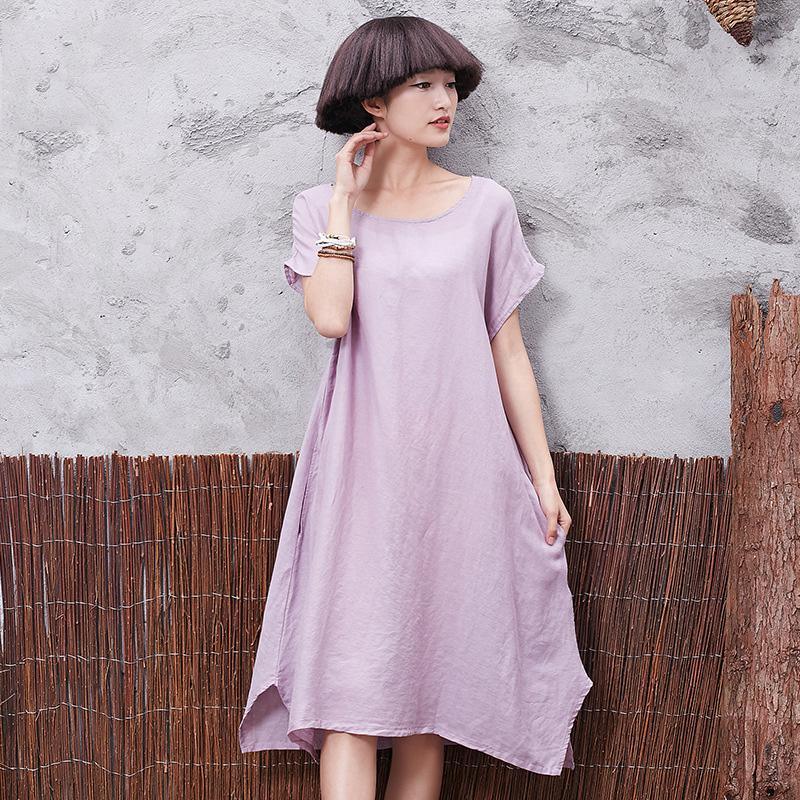 Women short sleeve linen cotton quilting clothes Tutorials pink side open Dress summer - Omychic