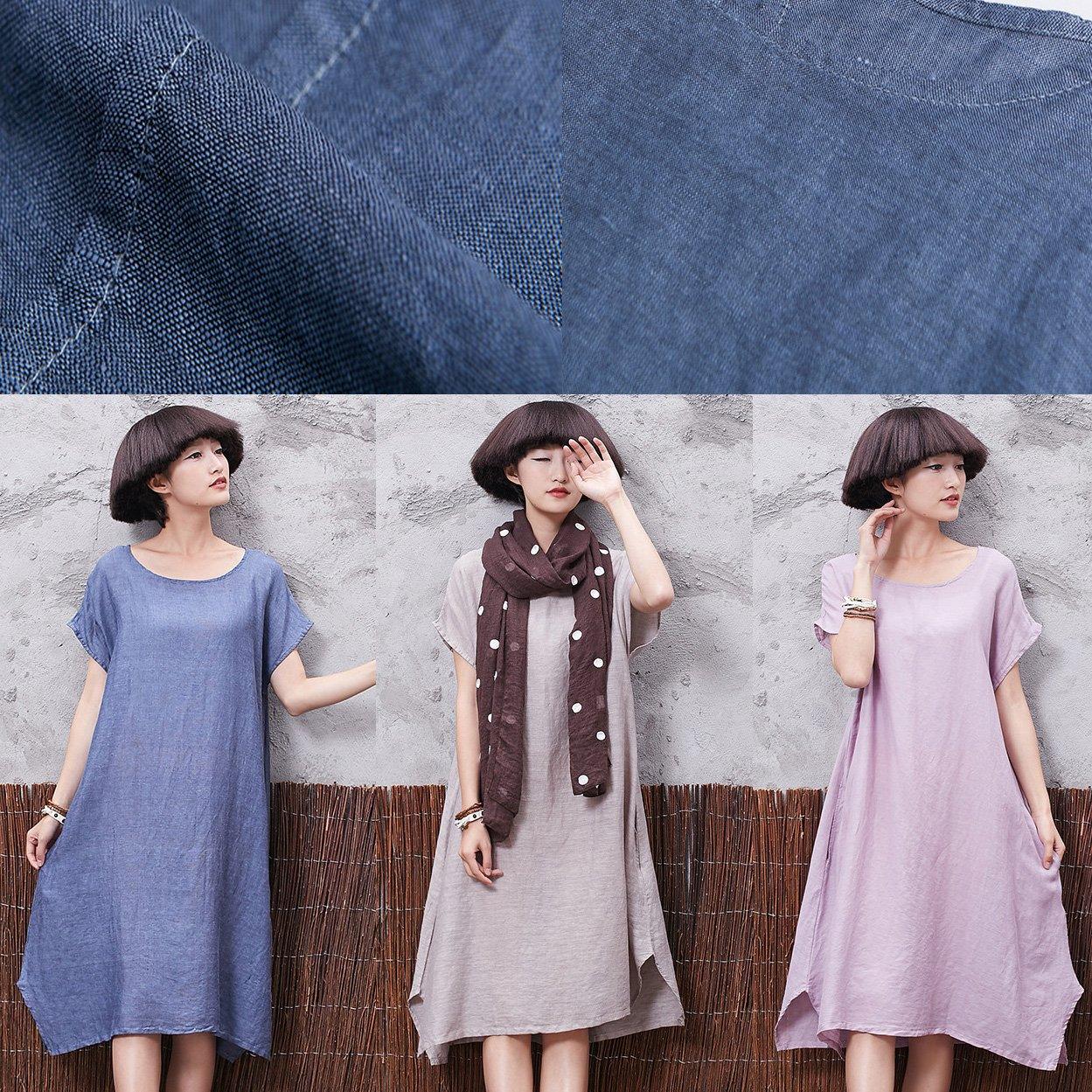 Women short sleeve linen cotton quilting clothes Tutorials pink side open Dress summer - Omychic