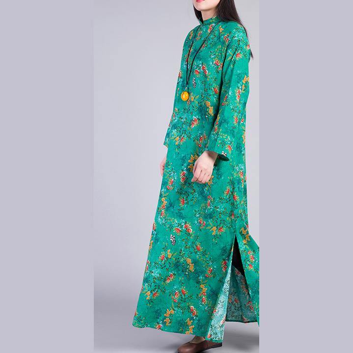 Women side open cotton Robes Work green prints Dress autumn - Omychic