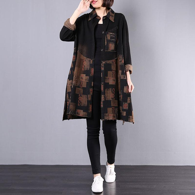 Women side open cotton clothes For Women pattern black prints trench coats fall - Omychic