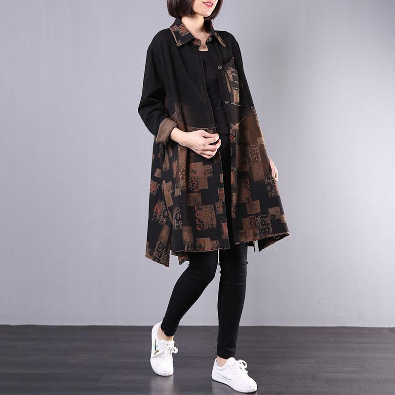 Women side open cotton clothes For Women pattern black prints trench coats fall - Omychic