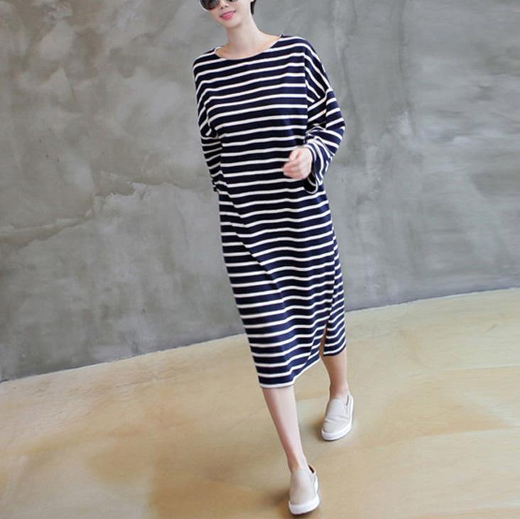 Women side open cotton wild quilting clothes Fabrics navy striped Maxi Dress - Omychic