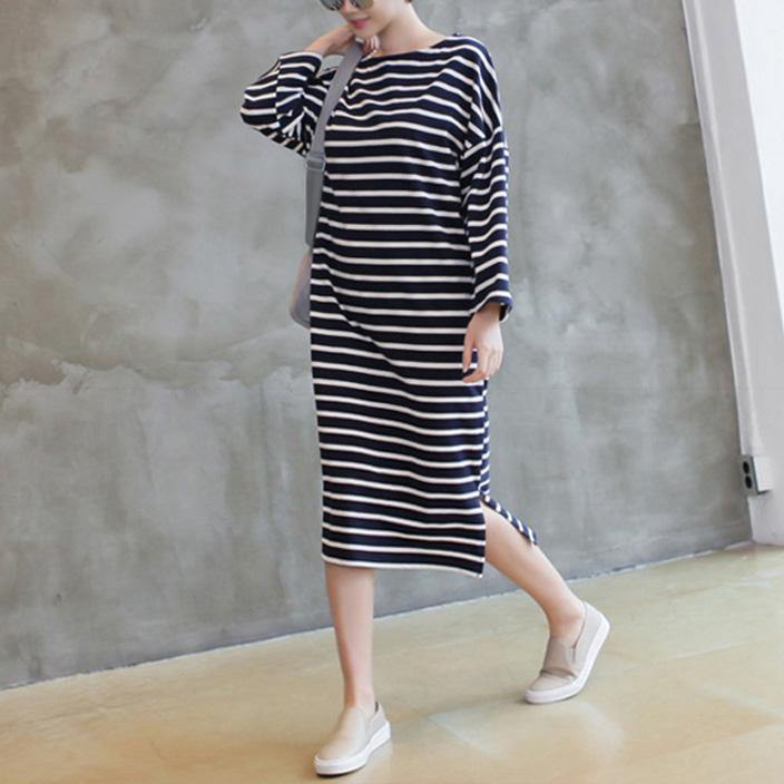 Women side open cotton wild quilting clothes Fabrics navy striped Maxi Dress - Omychic