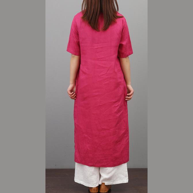 Women side open linen dress Runway red Dresses embroidery sundress - Omychic
