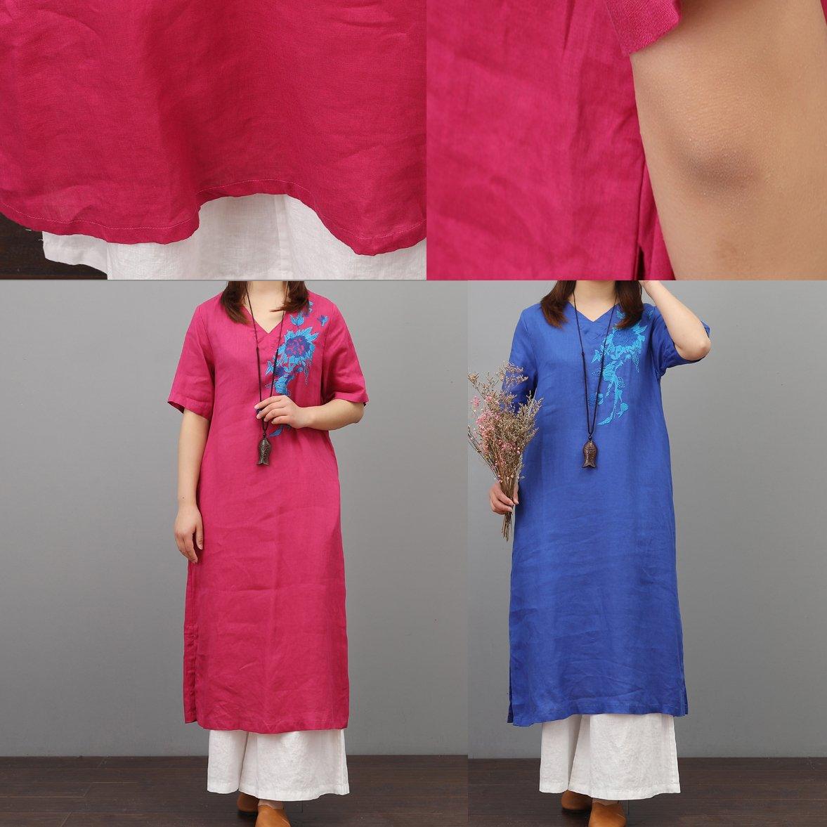 Women side open linen dress Runway red Dresses embroidery sundress - Omychic