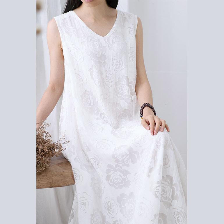 Women Sleeveless Cotton Clothes Women Outfits White V Neck Loose Dresses Summer - Omychic