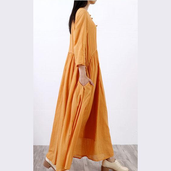 Women slim linen cotton dress Runway yellow o neck Dresses fall - Omychic