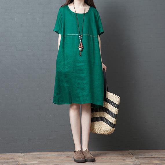 Women solid color o neck linen dresses Photography green Dresses summer - Omychic