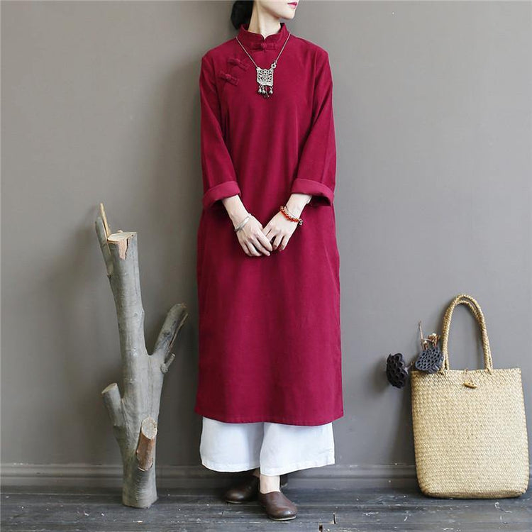 Women spring cotton stand collar outfit Work Outfits khaki Maxi Dresses - Omychic