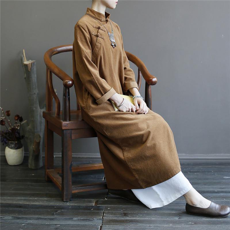 Women spring cotton stand collar outfit Work Outfits khaki Maxi Dresses - Omychic