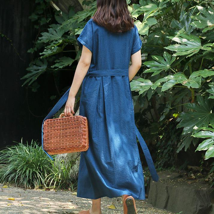 Women stand collar Button Down cotton quilting dresses Drops Design Inspiration blue Vestidos De Lino Dresses Summer - Omychic
