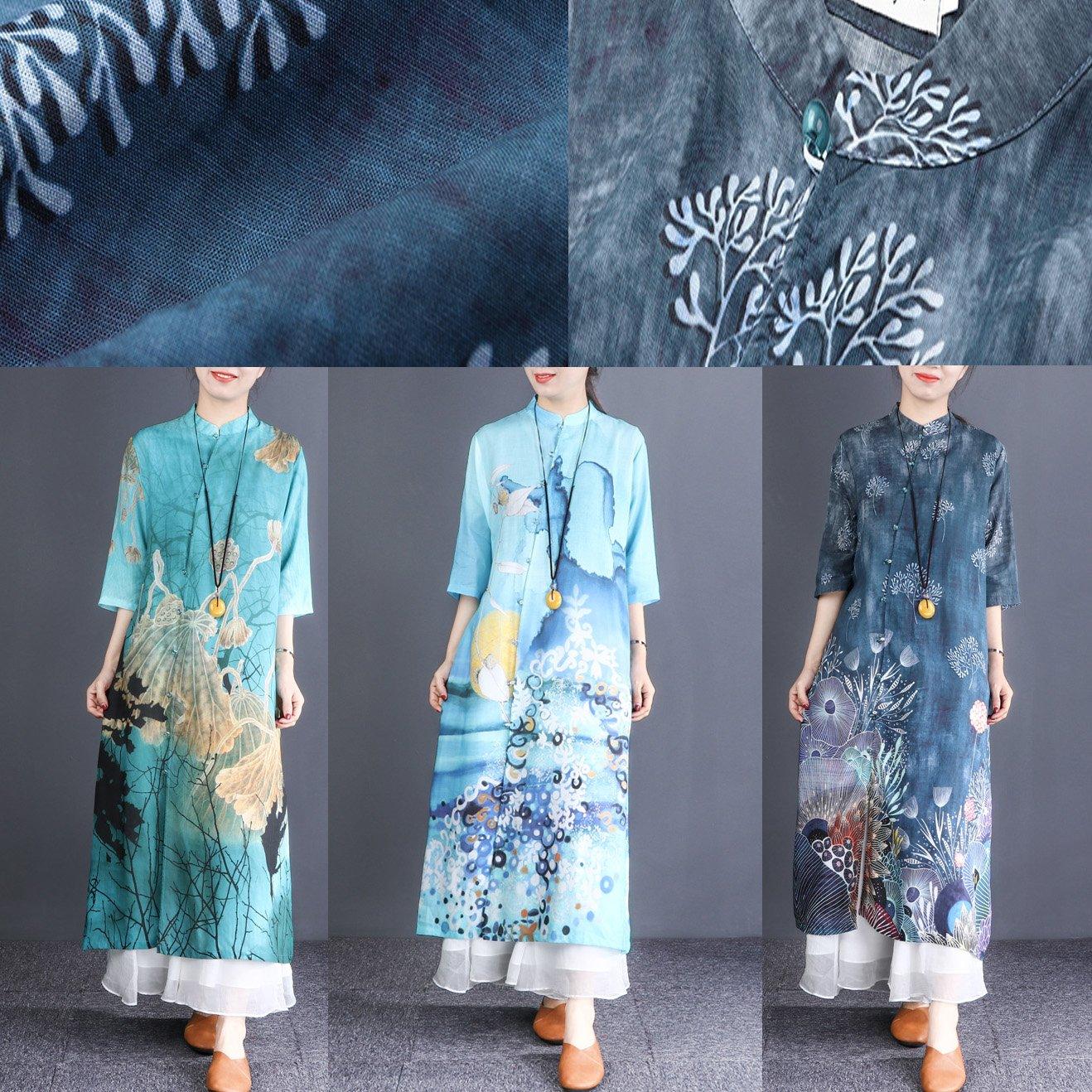 Women stand collar Button Down linen dresses plus size Tutorials dark blue print Traveling Dresses - Omychic