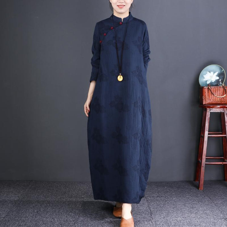 Women stand collar Chinese Button linen clothes For Women plus size Work Outfits navy Maxi Dress - Omychic