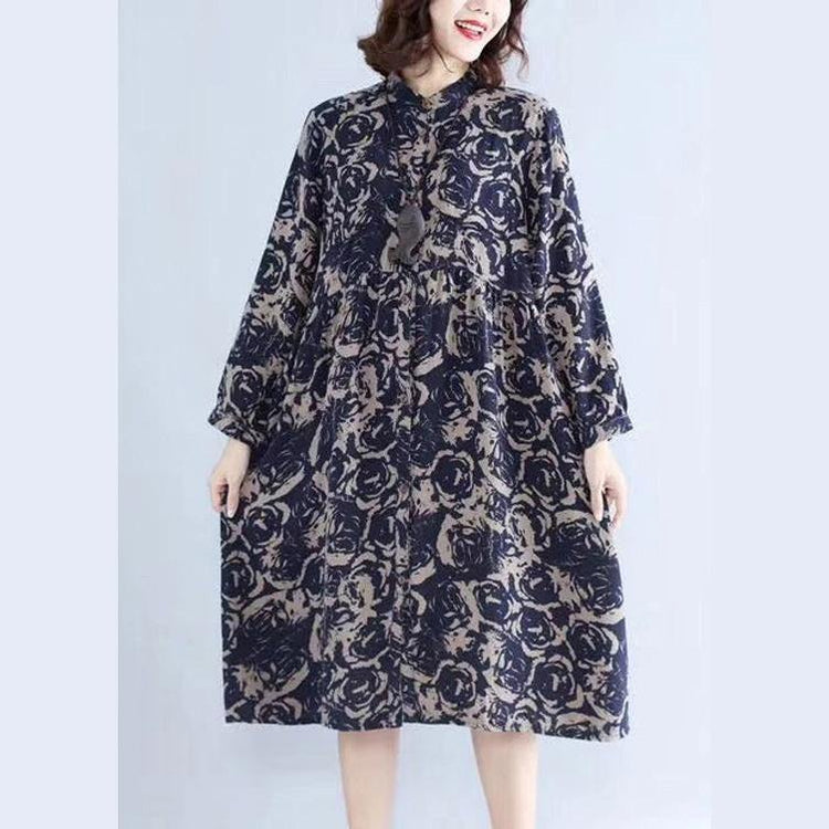 Women stand collar Cotton fall tunic pattern Neckline blue print Dress - Omychic