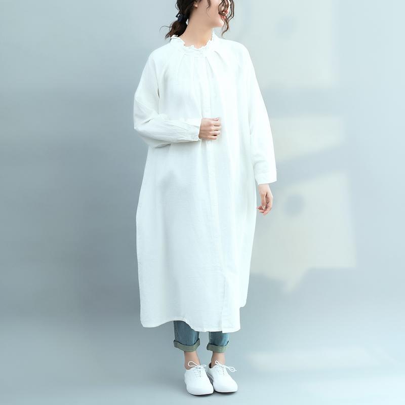 Women stand collar Ruffles linen cotton Robes Korea Inspiration white Plus Size Clothing Dress spring - Omychic