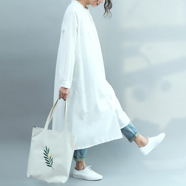Women stand collar Ruffles linen cotton Robes Korea Inspiration white Plus Size Clothing Dress spring - Omychic