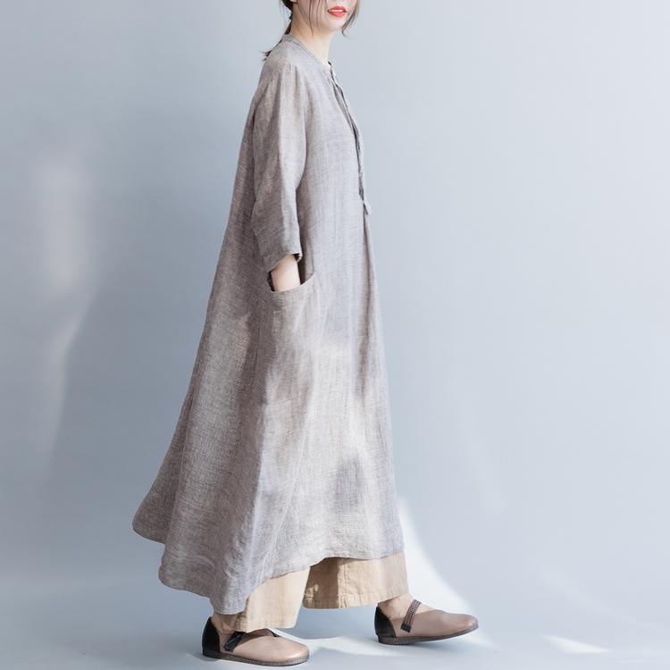 Women Stand Collar Three Quarter Sleeve Linen Dresses Plus Size Work Khaki Cotton Dresses Spring - Omychic