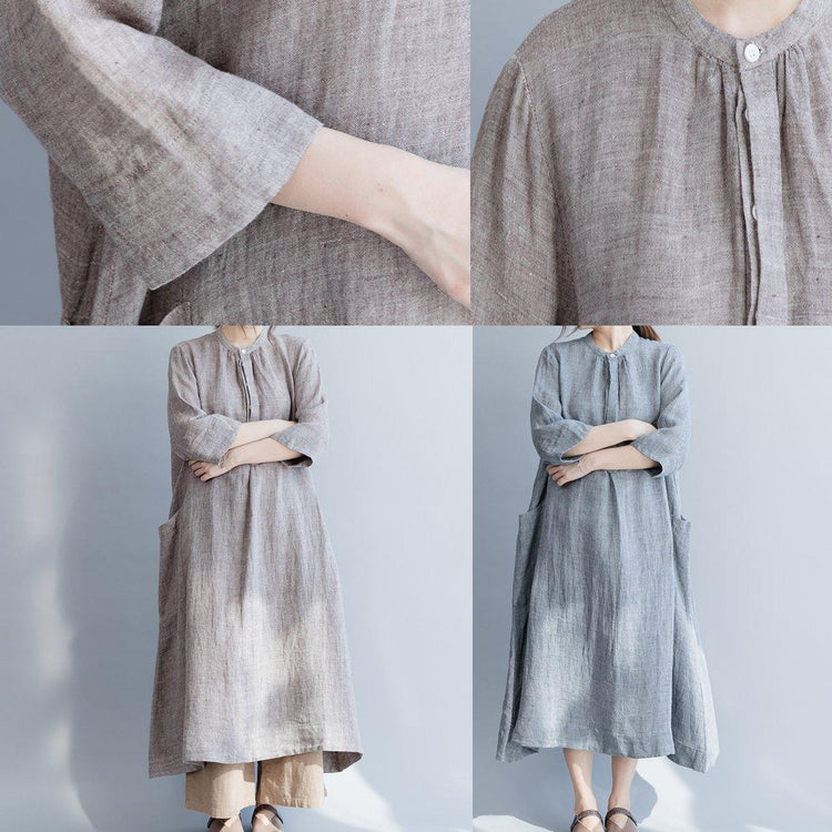 Women Stand Collar Three Quarter Sleeve Linen Dresses Plus Size Work Khaki Cotton Dresses Spring - Omychic