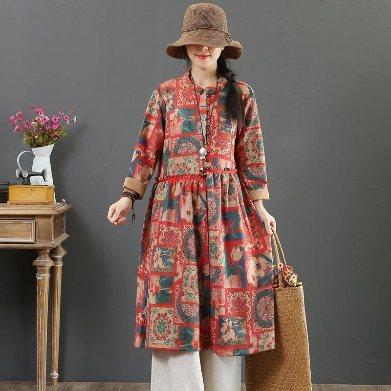 Women stand collar cotton linen clothes Runway red prints Dress fall - Omychic